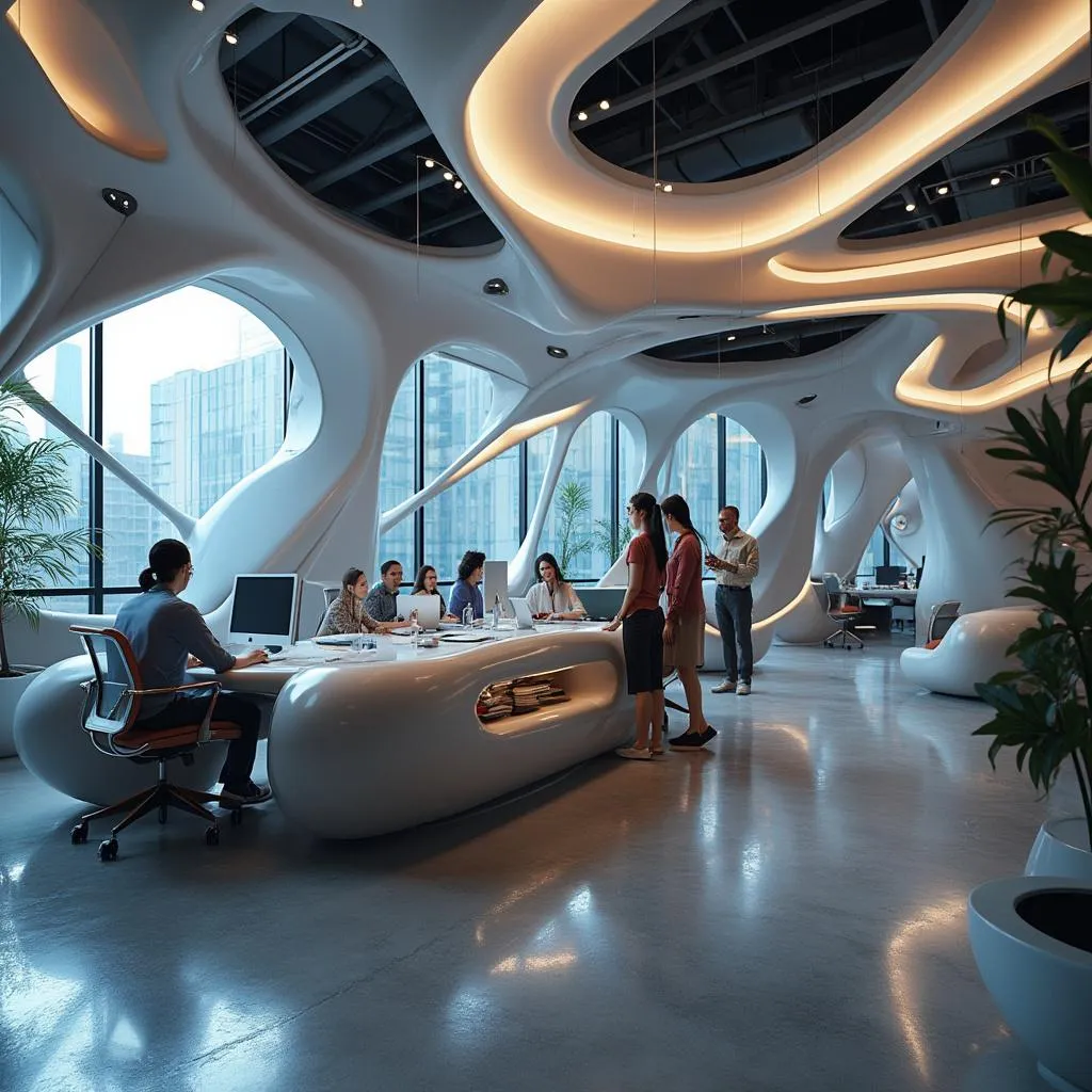 Equipo colaborando en espacio futurista